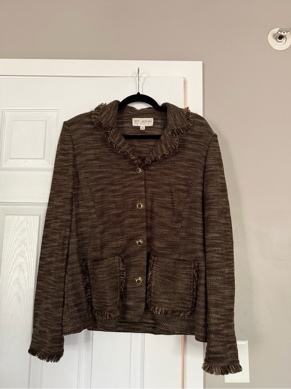 St John Collection Button Down Fringe Long Sleeve Blazer Jacket